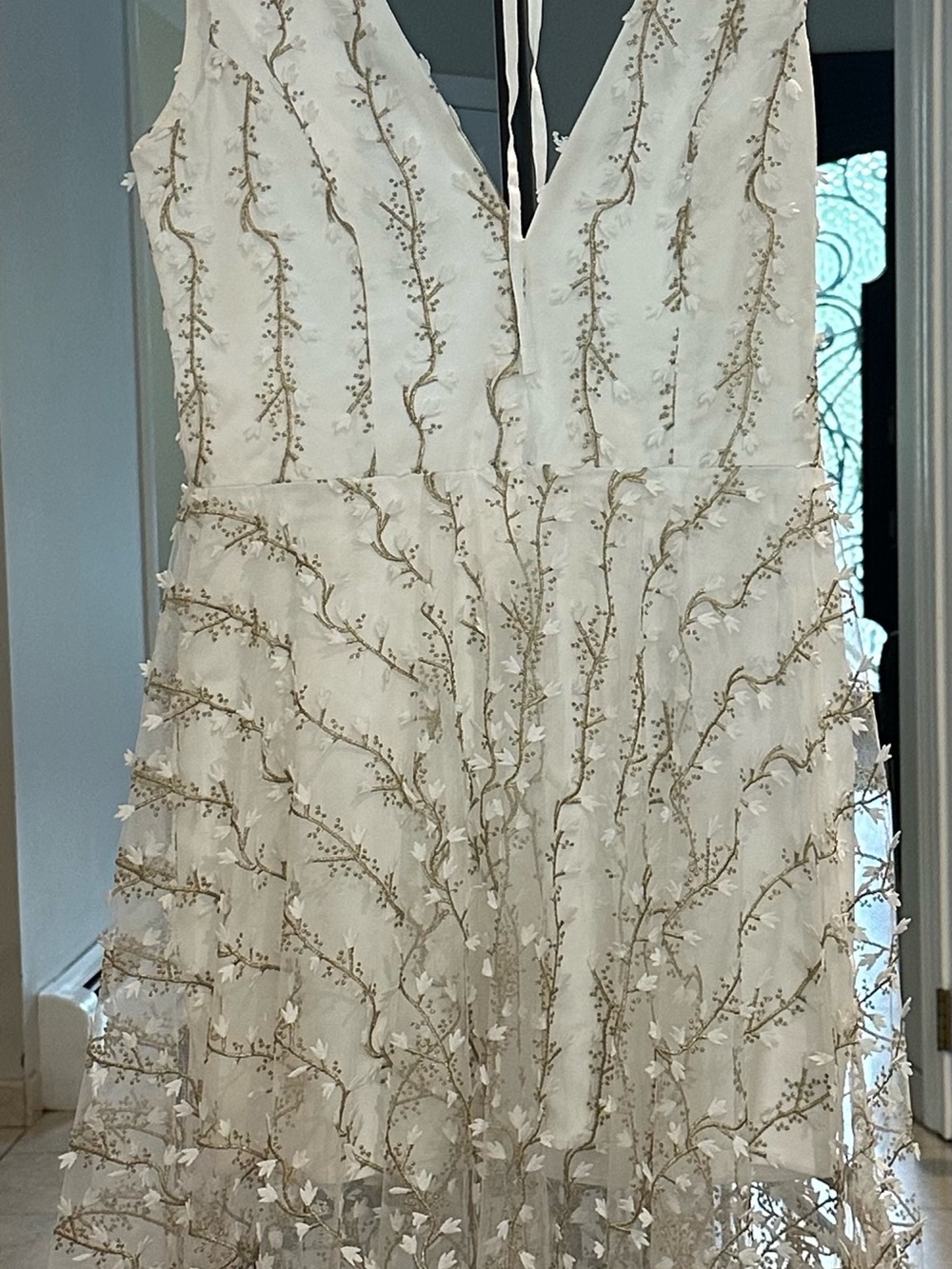 Ivory V-Neck Embroidered White Dress with Gold Floral Detail